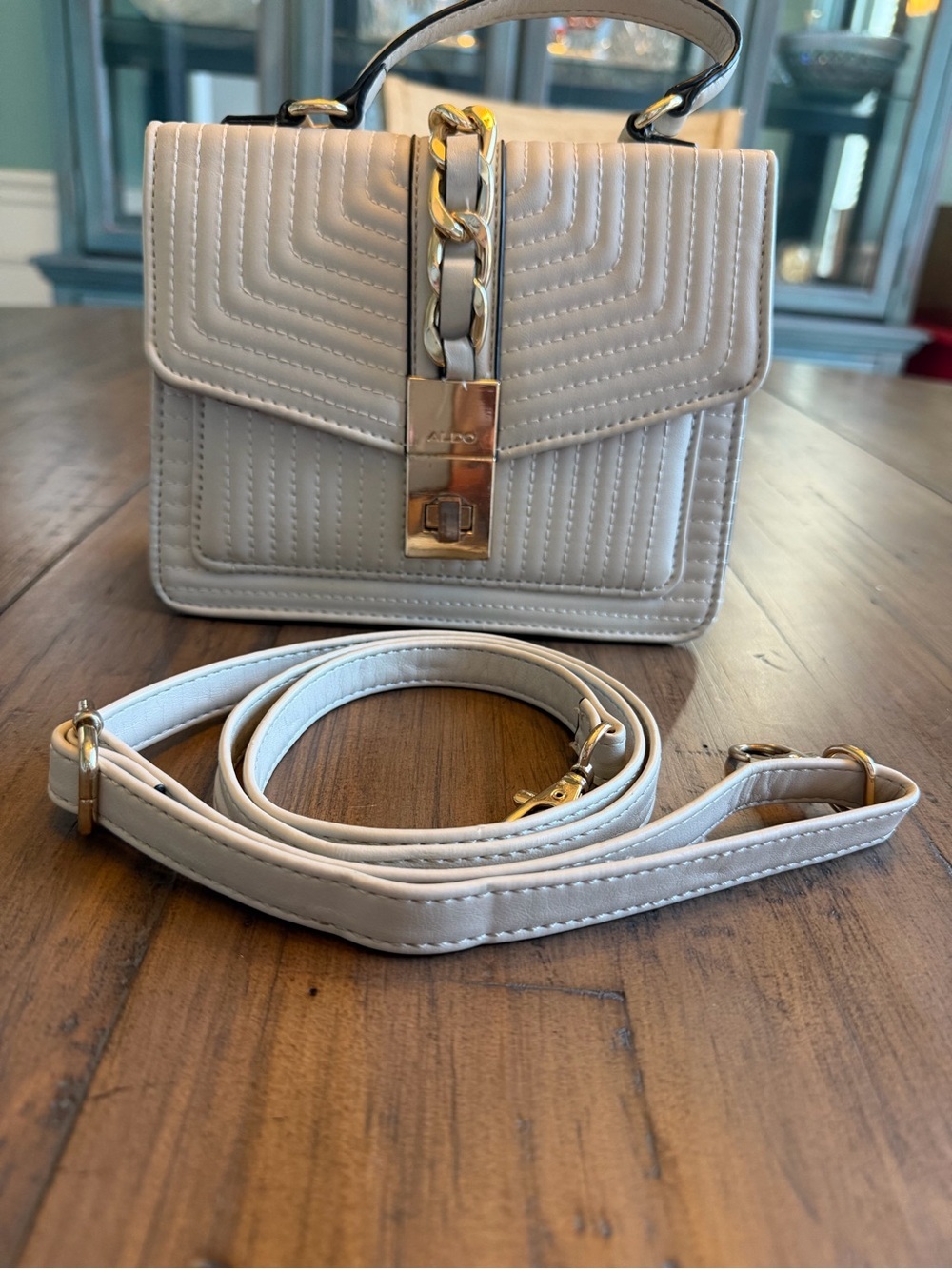 ALDO Cream Quilted Top-Handle Satchel with Gold Chain Accent - Picture 5 of 15